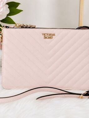 Victoria's Secret Light Pink Quilted Crossbody with Gold Chain